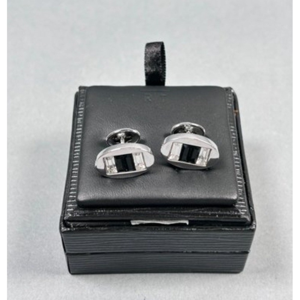 RT London Mens Silver Tone Oval Cufflinks Black White Crystal Art Deco Style OS